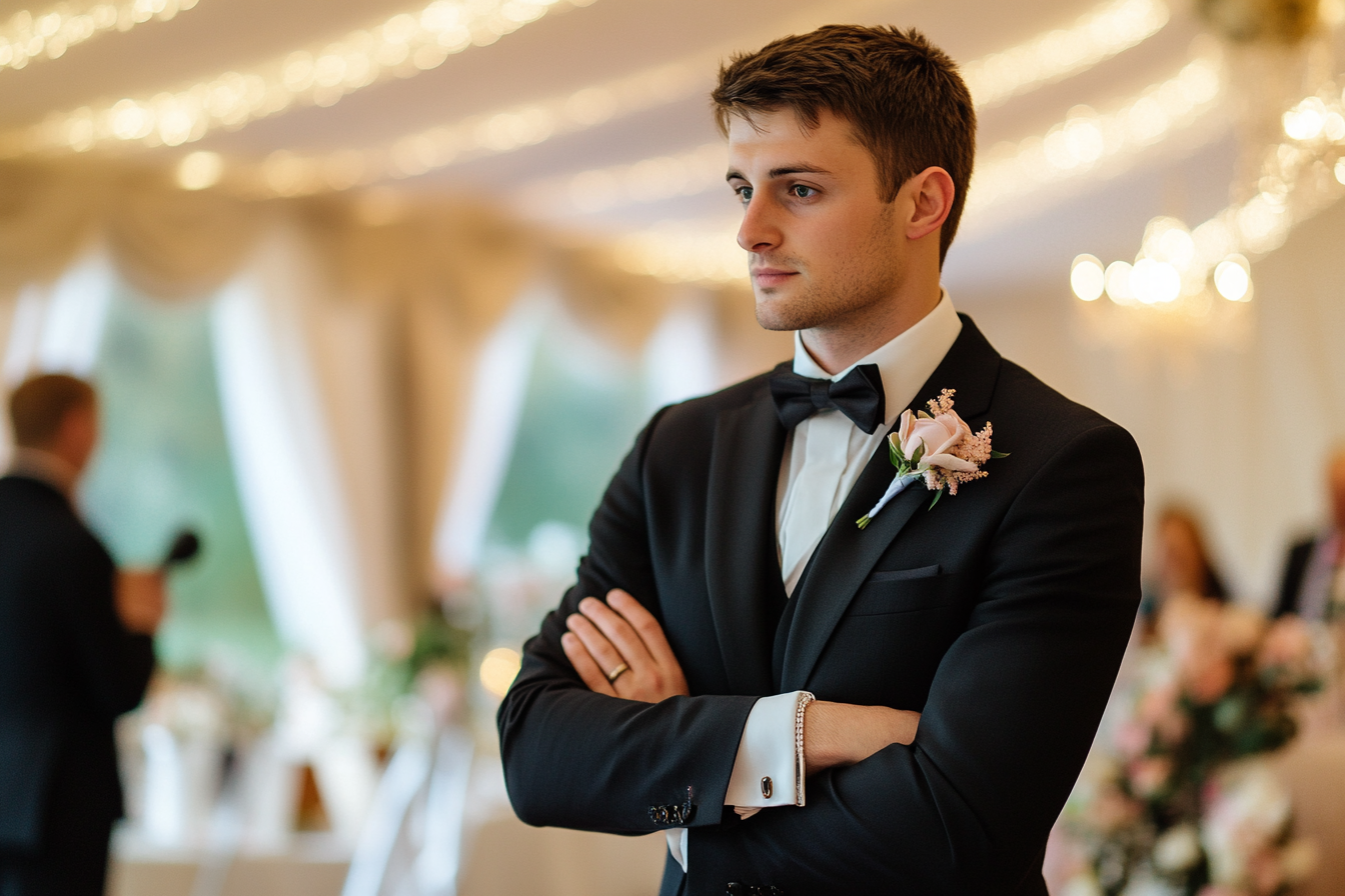 A newlywed man looking anxious at the reception venue | Source: Midjourney