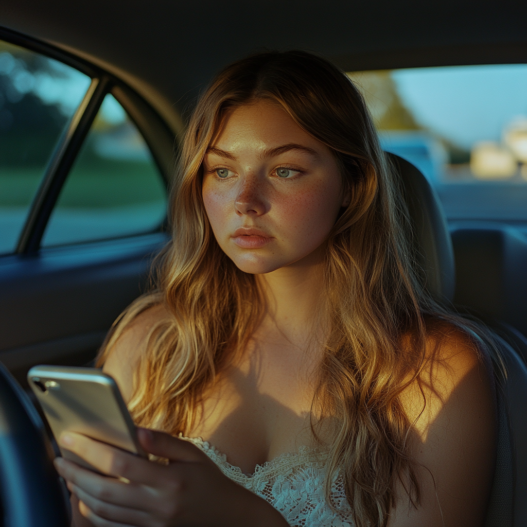 A sad woman looking at her phone while sitting in her car | Source: Midjourney