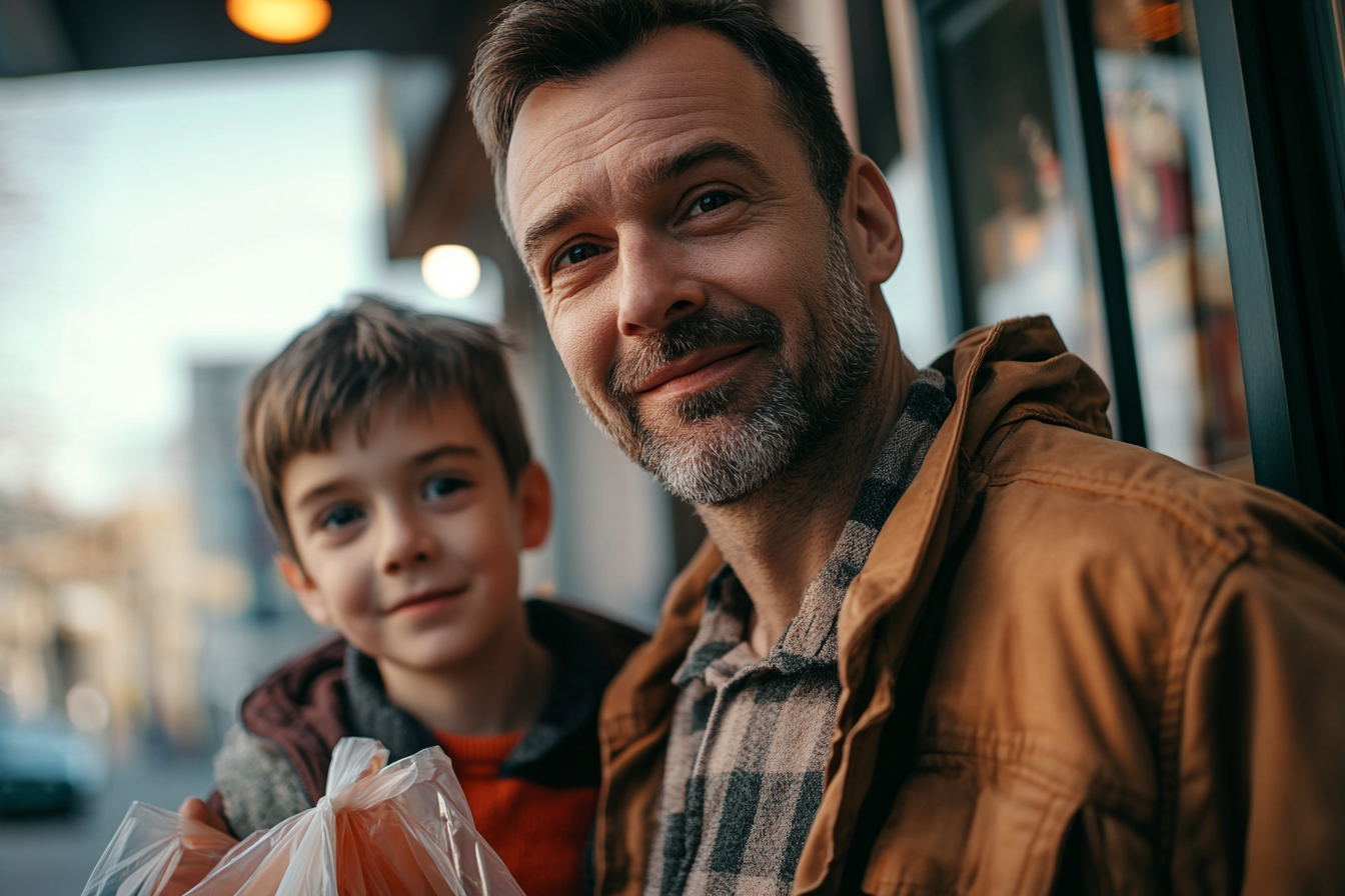 A man and his son leaving a store | Source: Midjourney