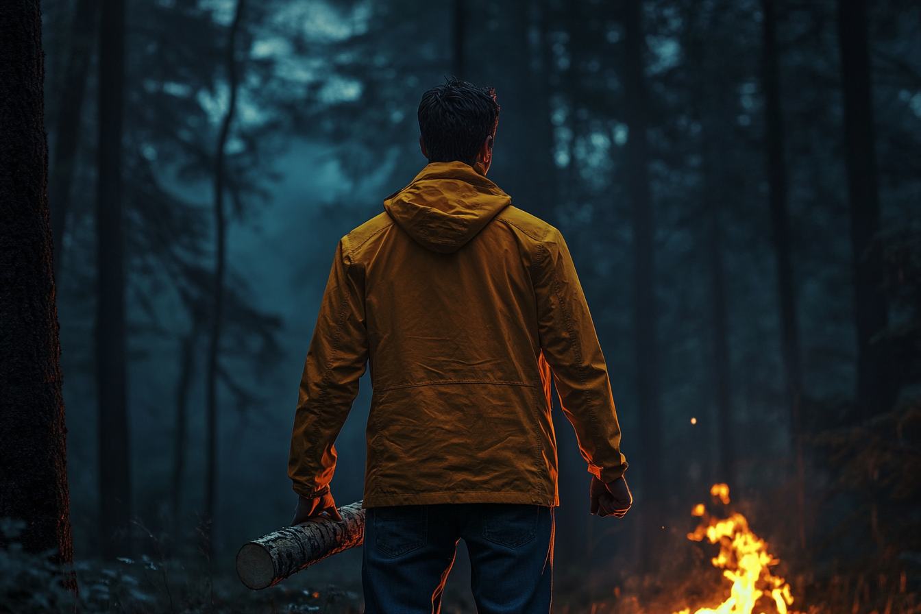 Un hombre sosteniendo un tronco frente a un bosque oscuro | Fuente: Midjourney