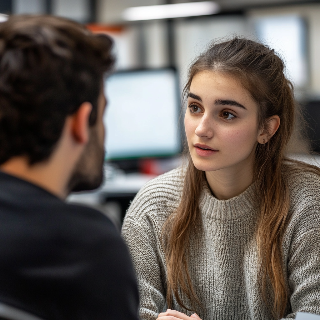 A young woman talking to a lab tech | Source: Midjourney