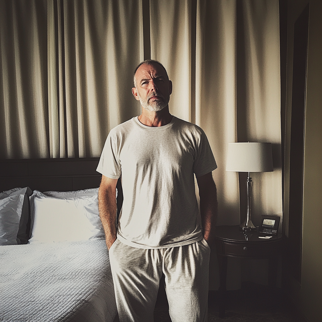 An upset man in a hotel room | Source: Midjourney