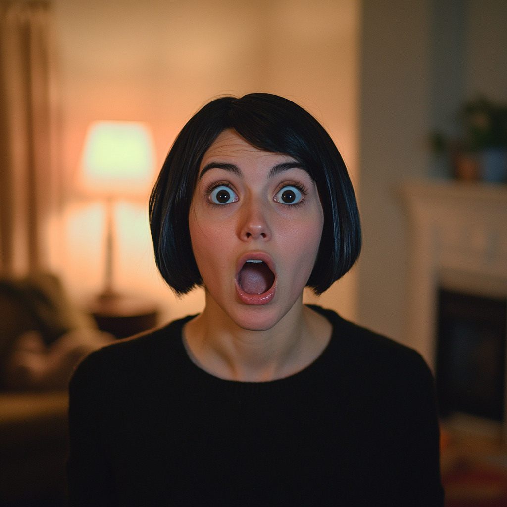 A shocked woman in her living room | Source: Midjourney