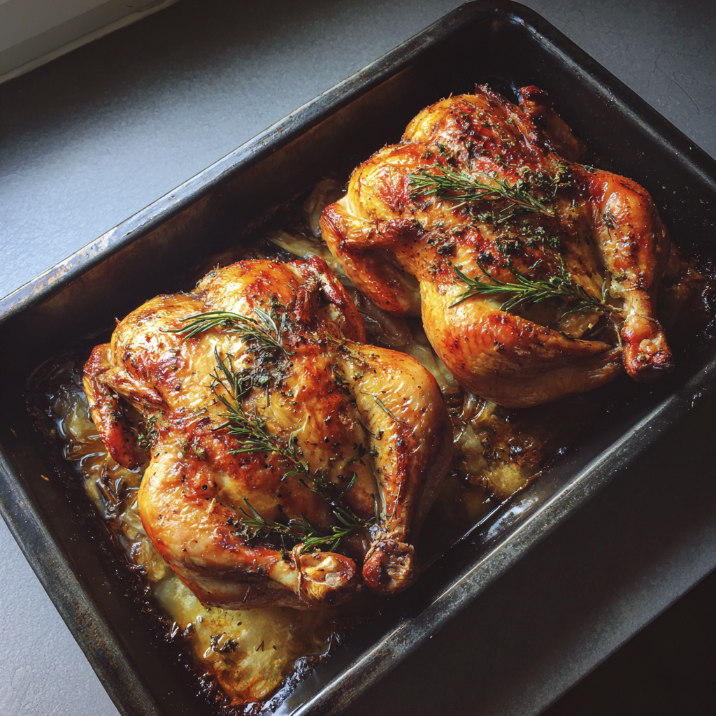 Roast chickens in an oven pan | Source: Midjourney