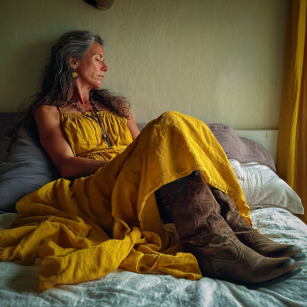 An older woman lying on a bed | Source: Midjourney