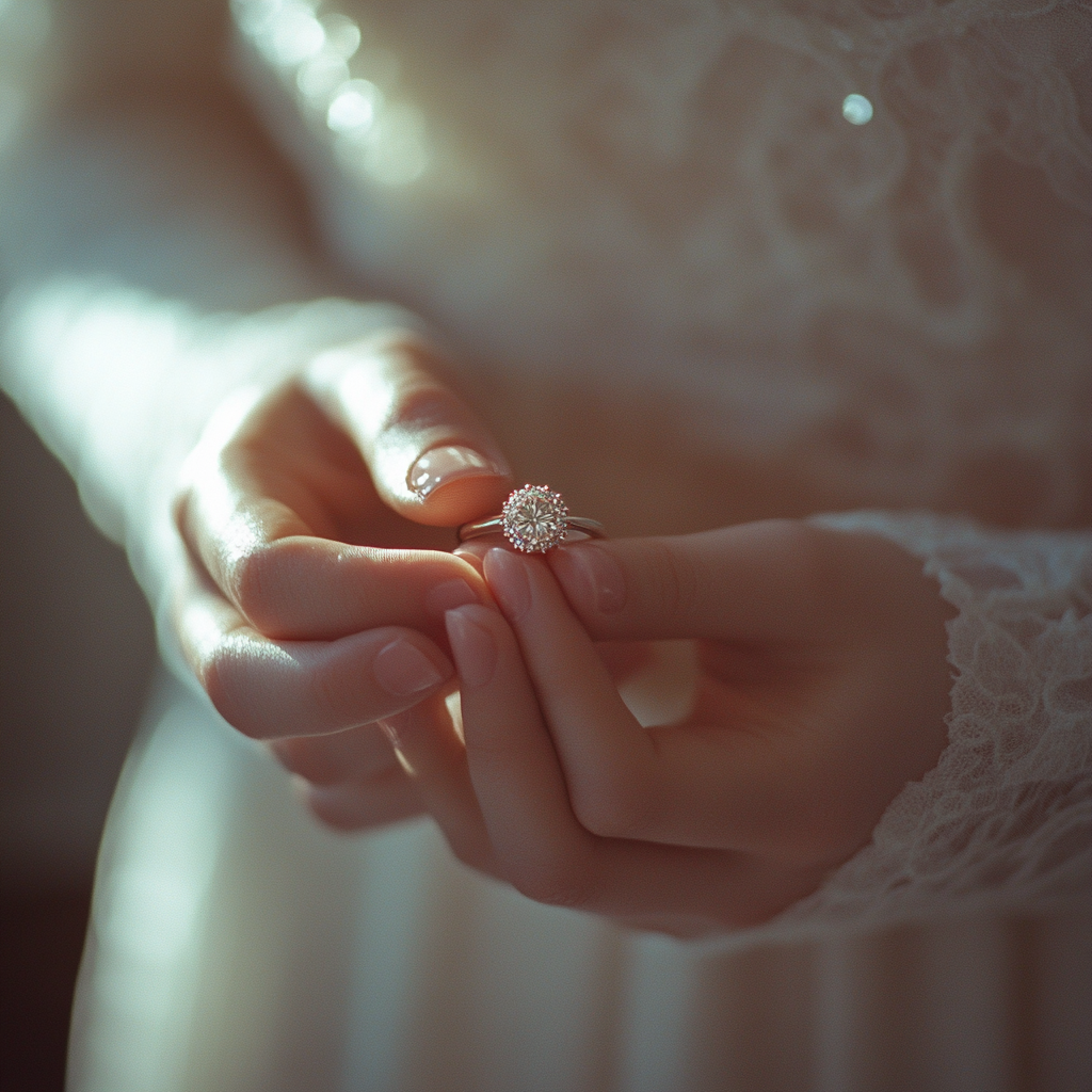 A woman holding her wedding ring | Source: Midjourney