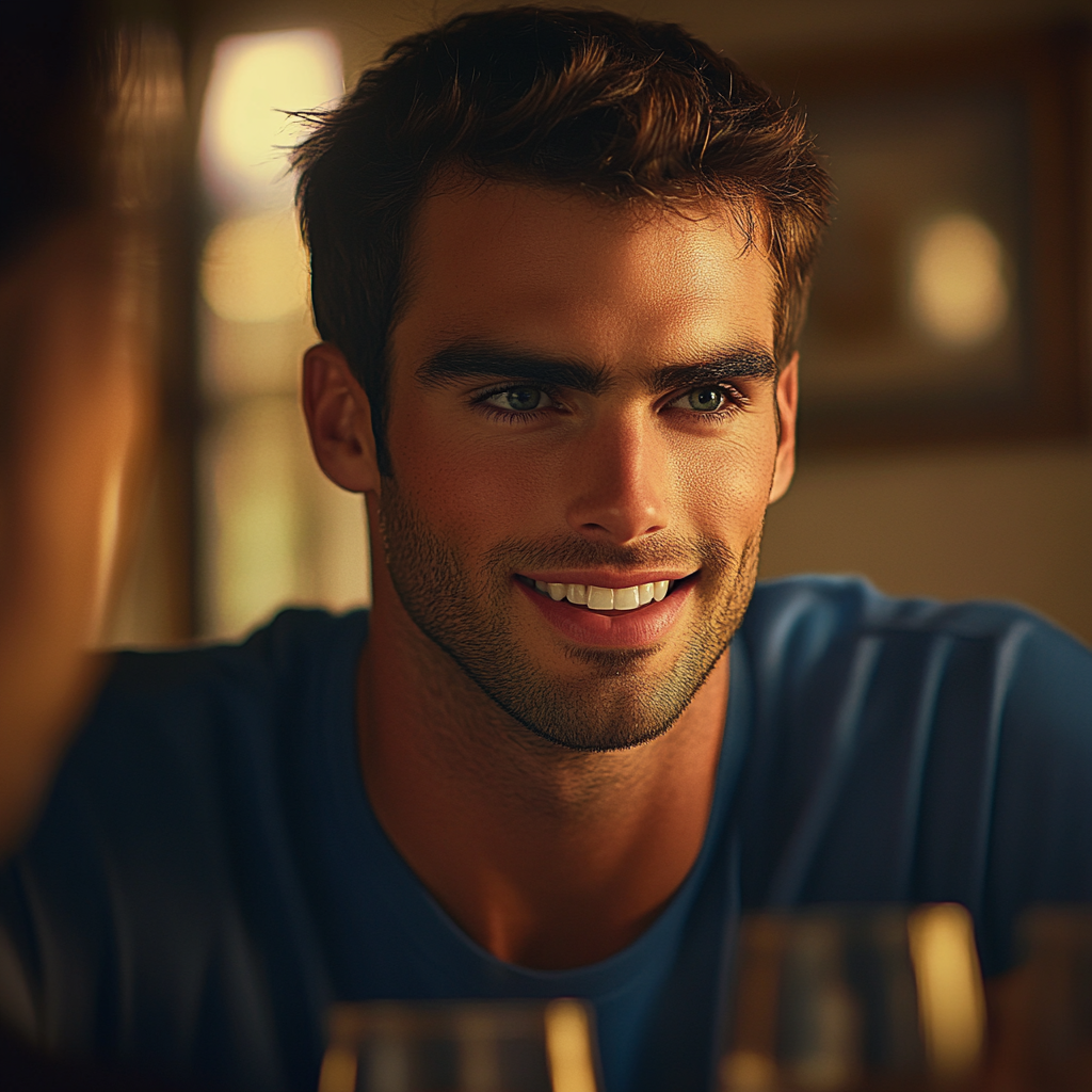 A smiling man seated at a dining table | Source: Midjourney