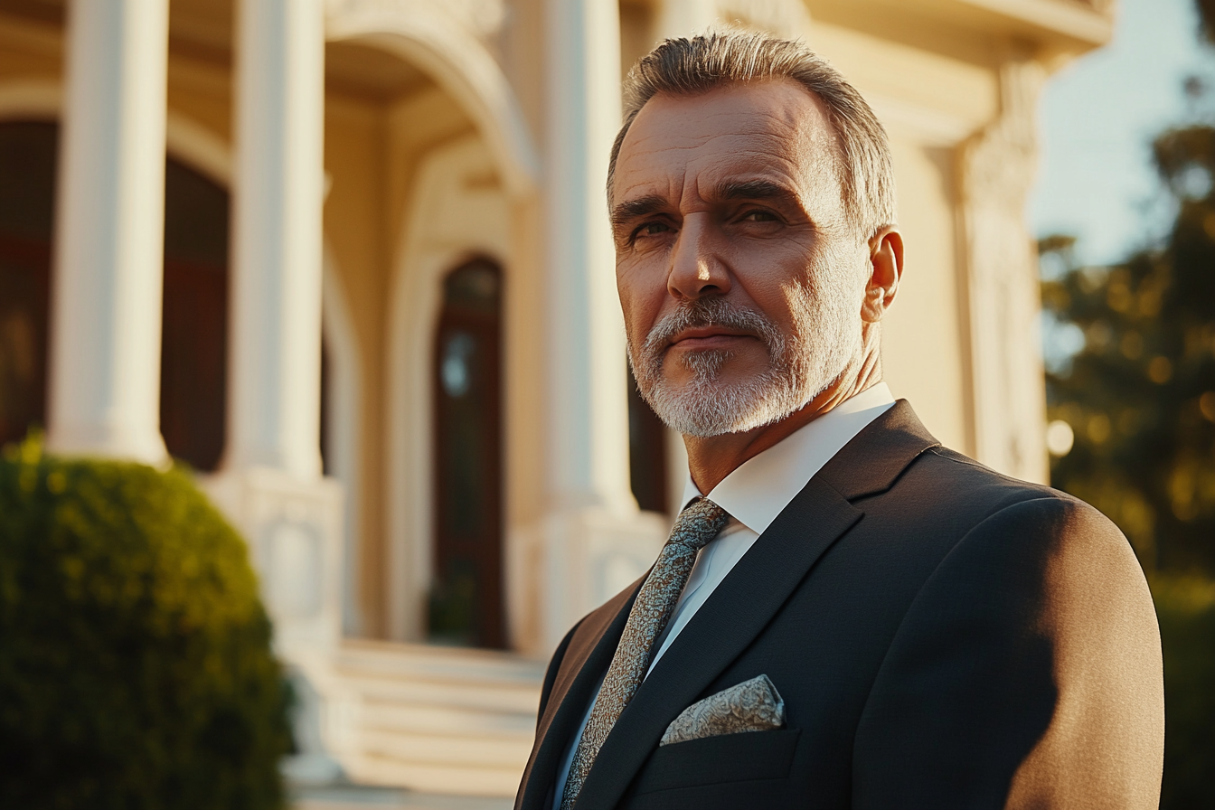 An older man standing outside his mansion | Source: Midjourney