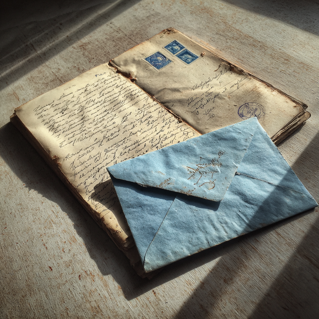 A pale blue envelope on a table | Source: Midjourney