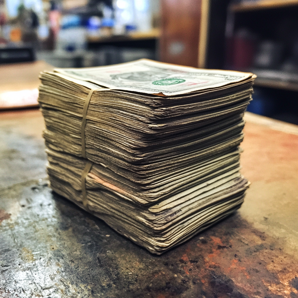 A stack of money on a counter | Source: Midjourney