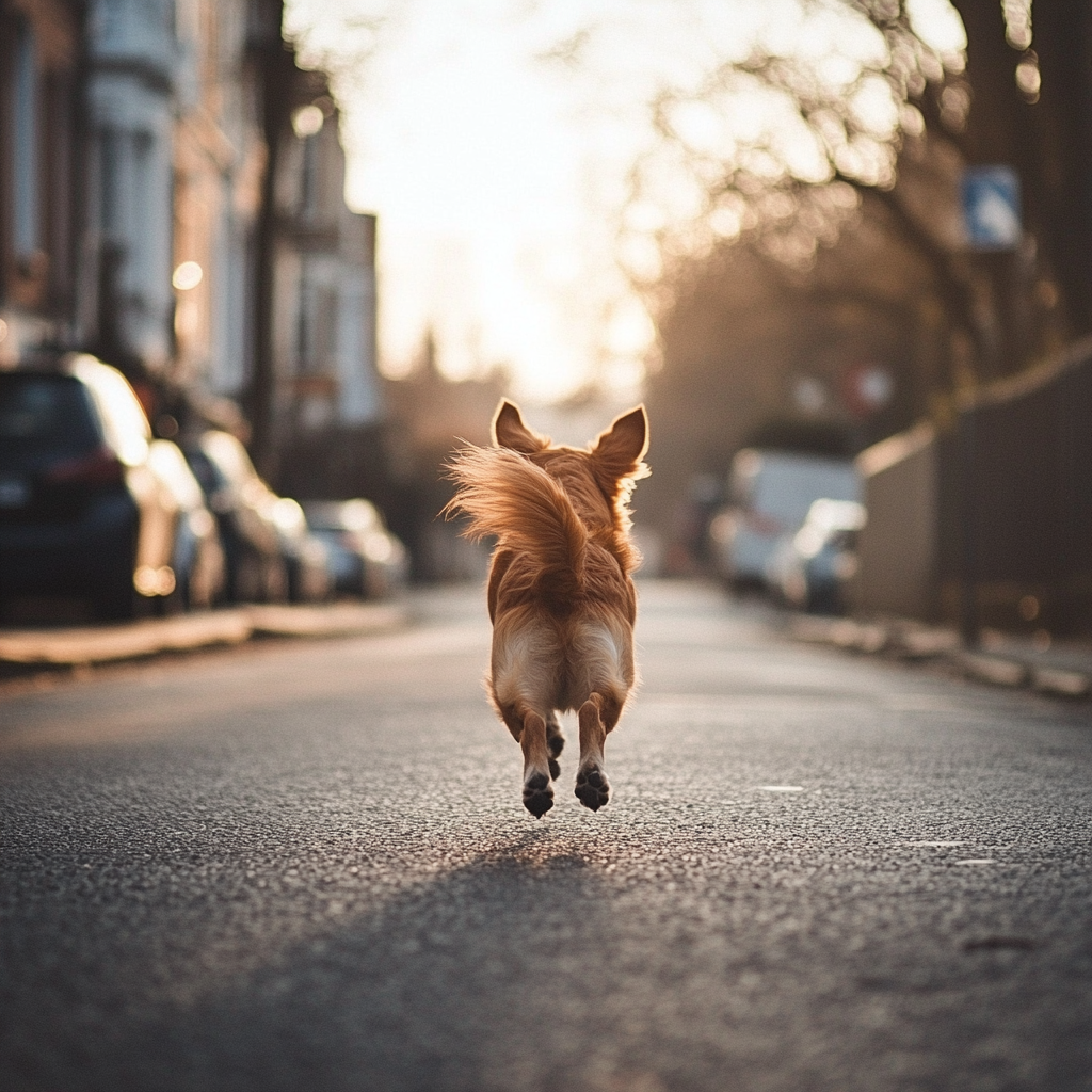 A dog running on a street | Source: Midjourney