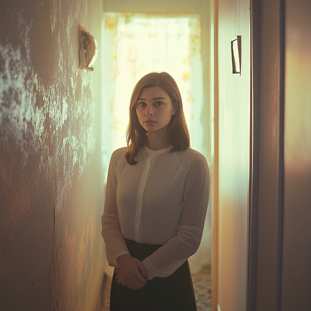 A woman standing in a hallway | Source: Midjourney