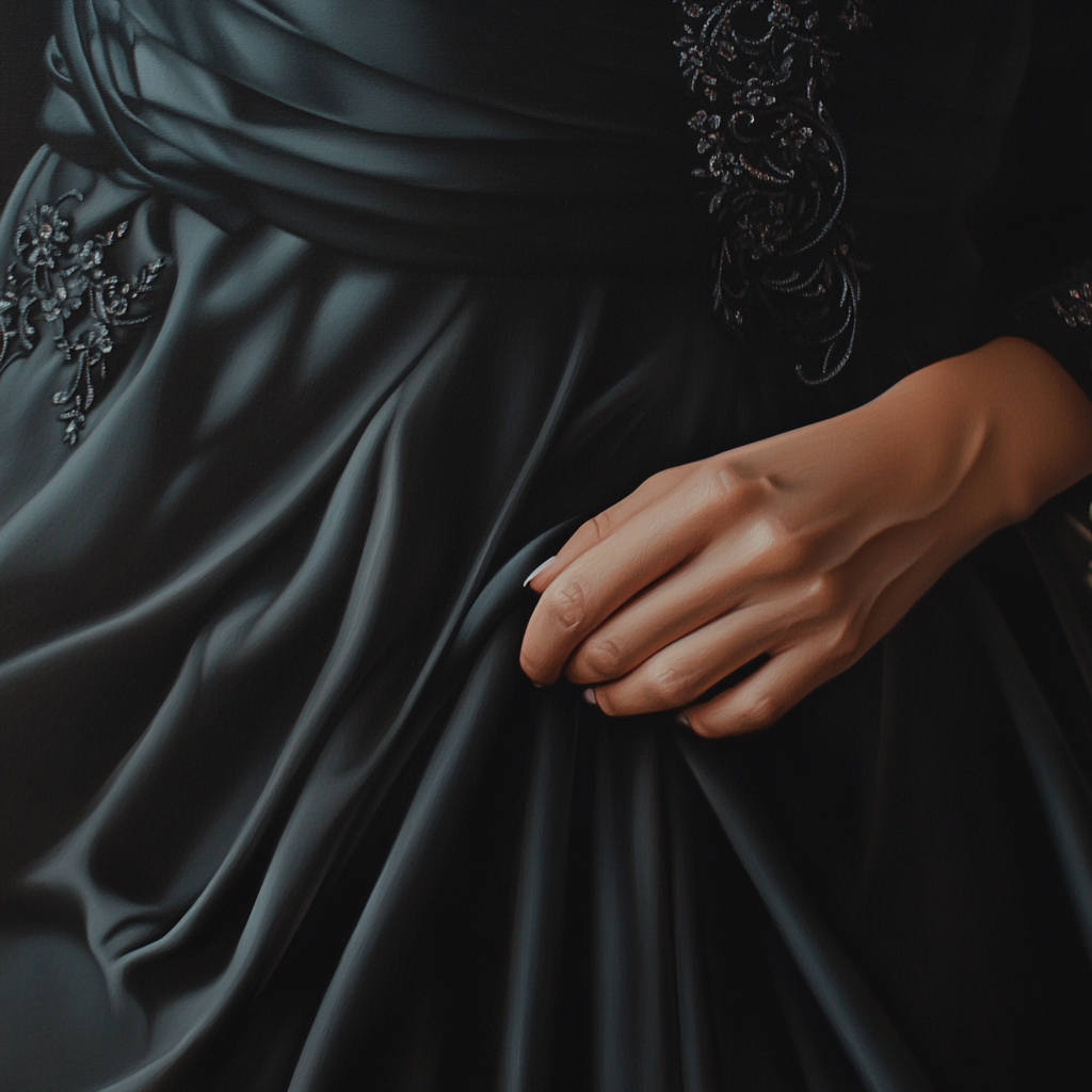 A woman touching her black dress | Source: Midjourney