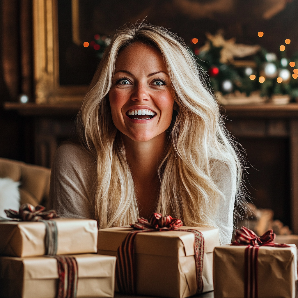 A cheerful woman with a pile of gift boxes | Source: Midjourney