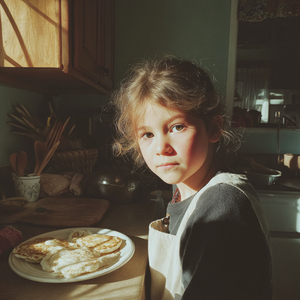 A little girl standing in a kitchen | Source: Midjourney