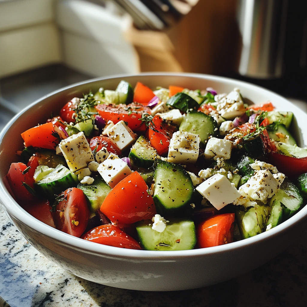A Greek salad on a kitchen counter | Source: Midjourney