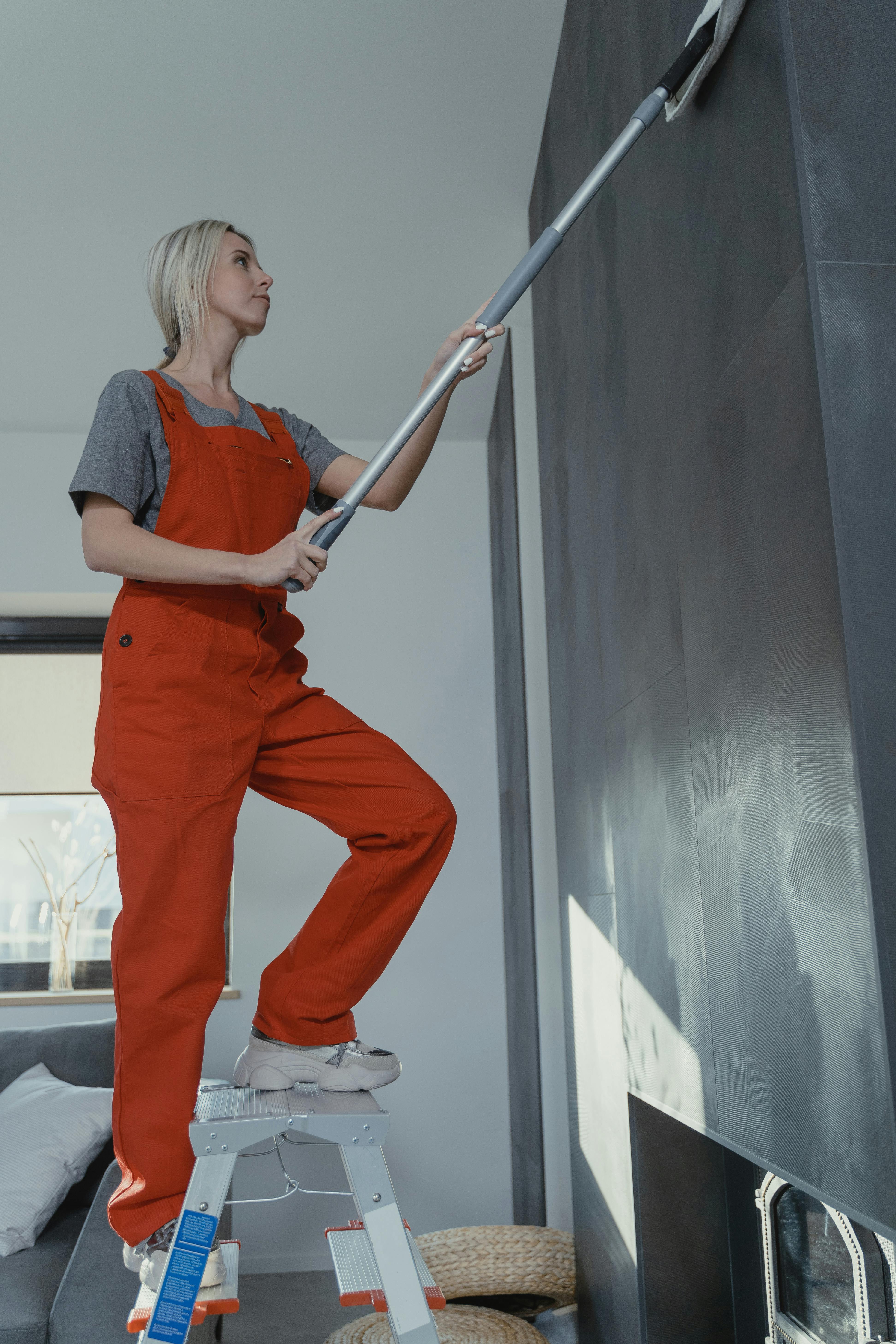 Woman wiping the wall while standing on a ladder | Source: Pexels
