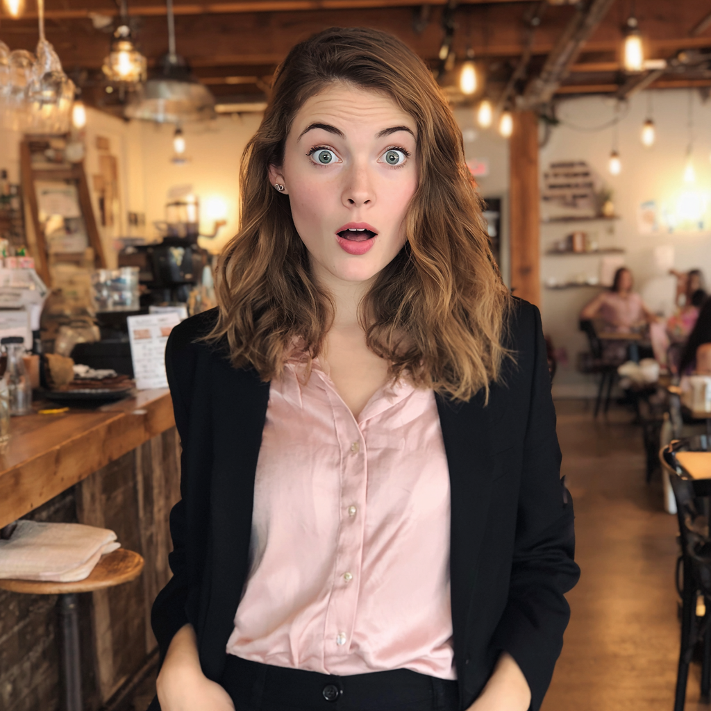 Zaskoczona kobieta w kombinezonie | Źródło: Midjourney