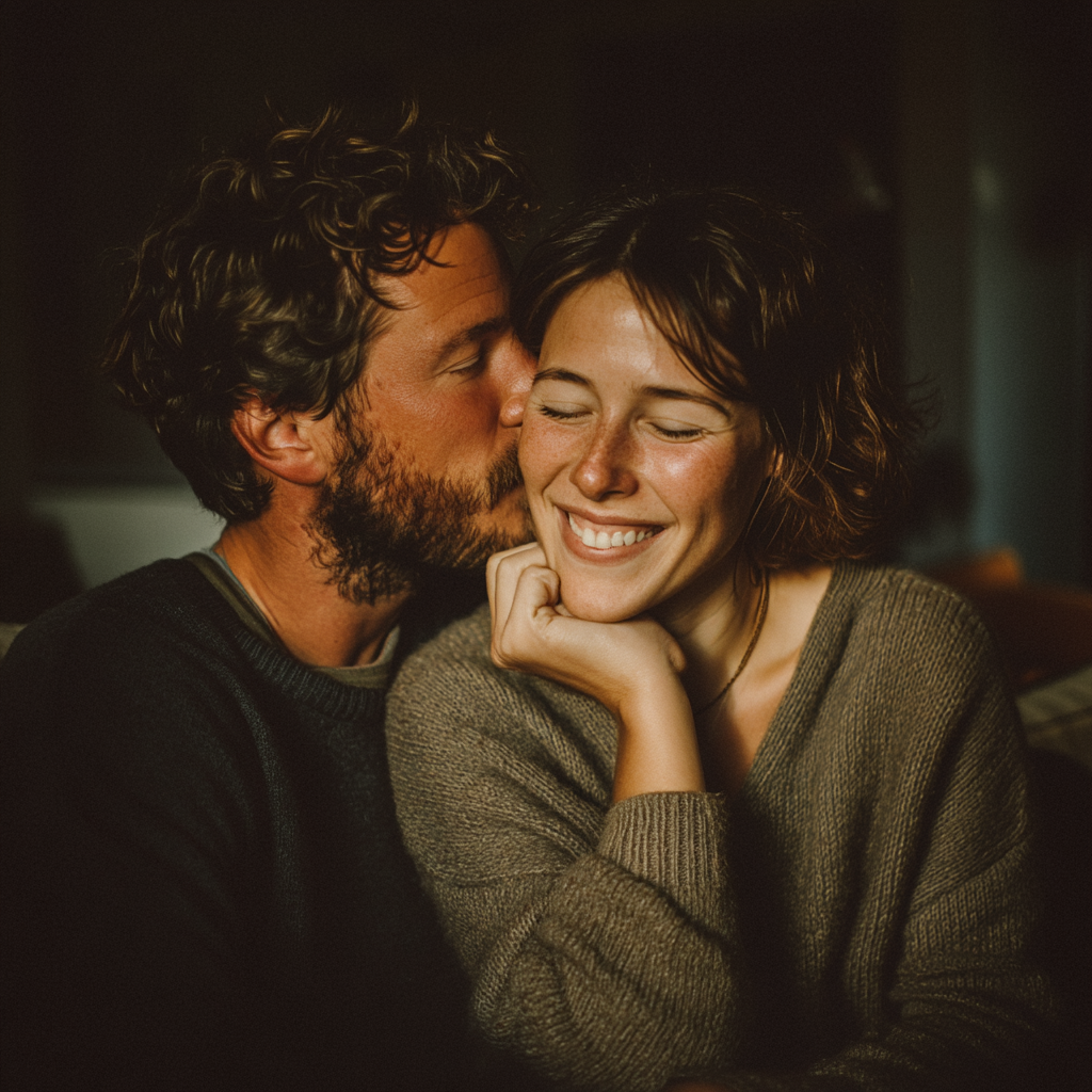 A husband kissing his wife's cheek | Source: Midjourney