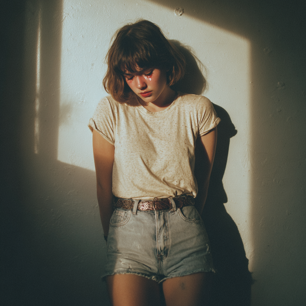 An upset teenage girl leaning against a wall | Source: Midjourney