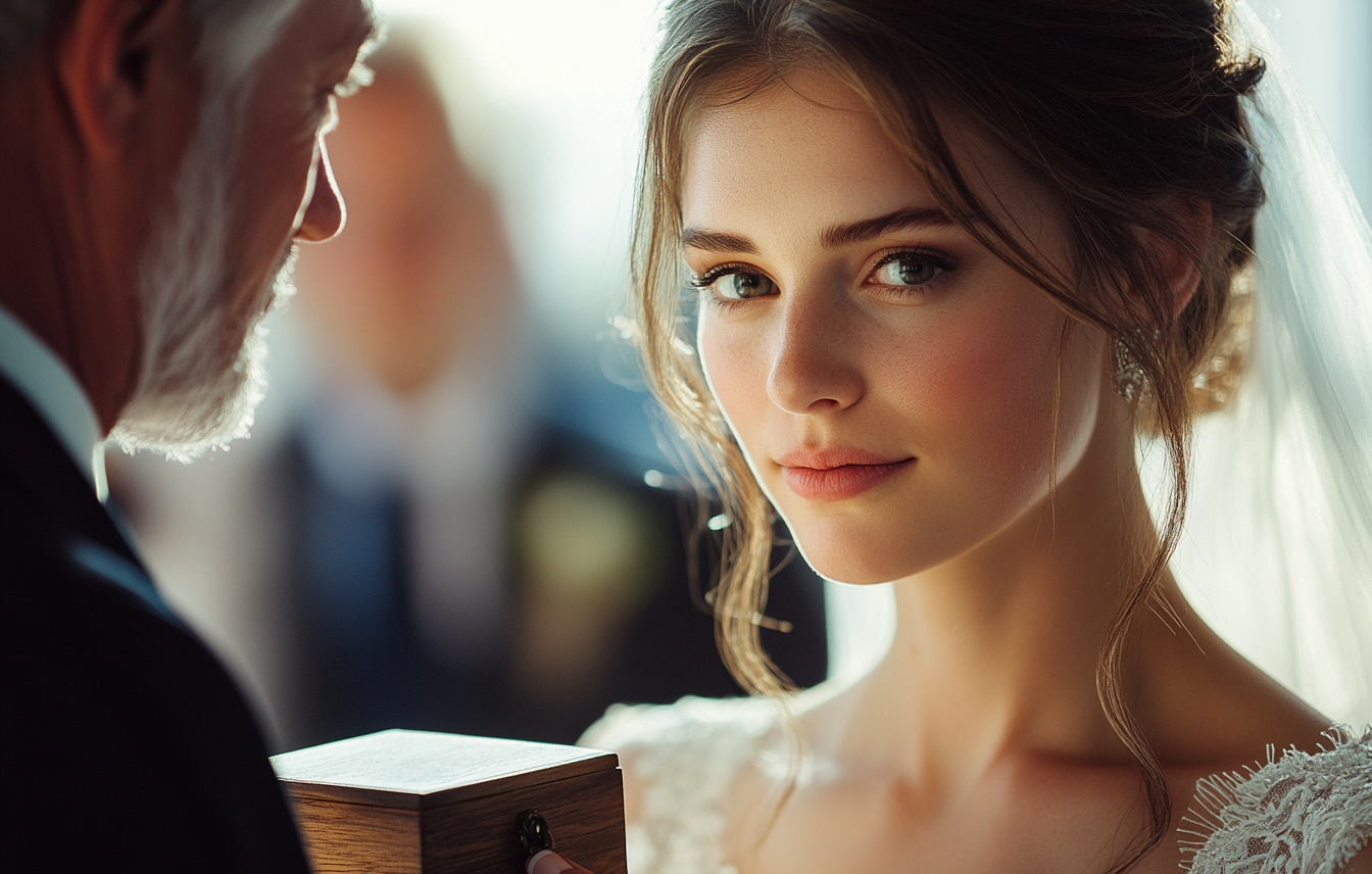 A bride receiving a gift from her father | Source: Midjourney