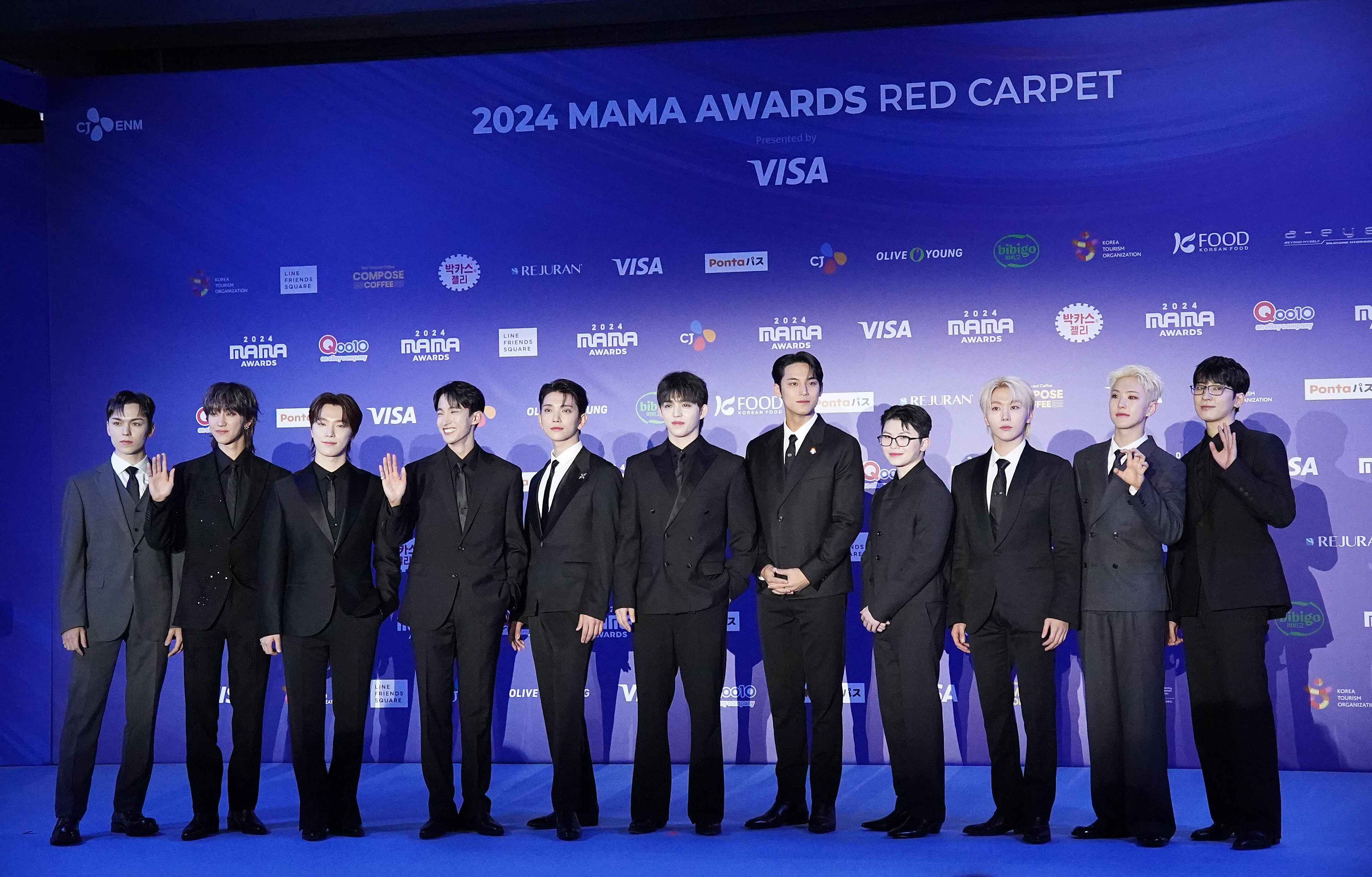 S.Coups, Joshua, Hoshi, Wonwoo, Woozi, DK, Mingyu, The8, Seungkwan, Vernon and Dino of boy band Seventeen arrive at the 2024 MAMA Awards - Chapter 2 at Kyocera Dome on November 23, 2024 in Osaka, Japan. | Source: Getty Images