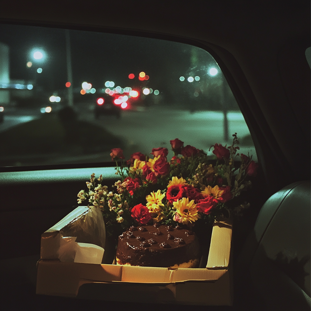 A bouquet of flowers and a chocolate cake in a car | Source: Midjourney