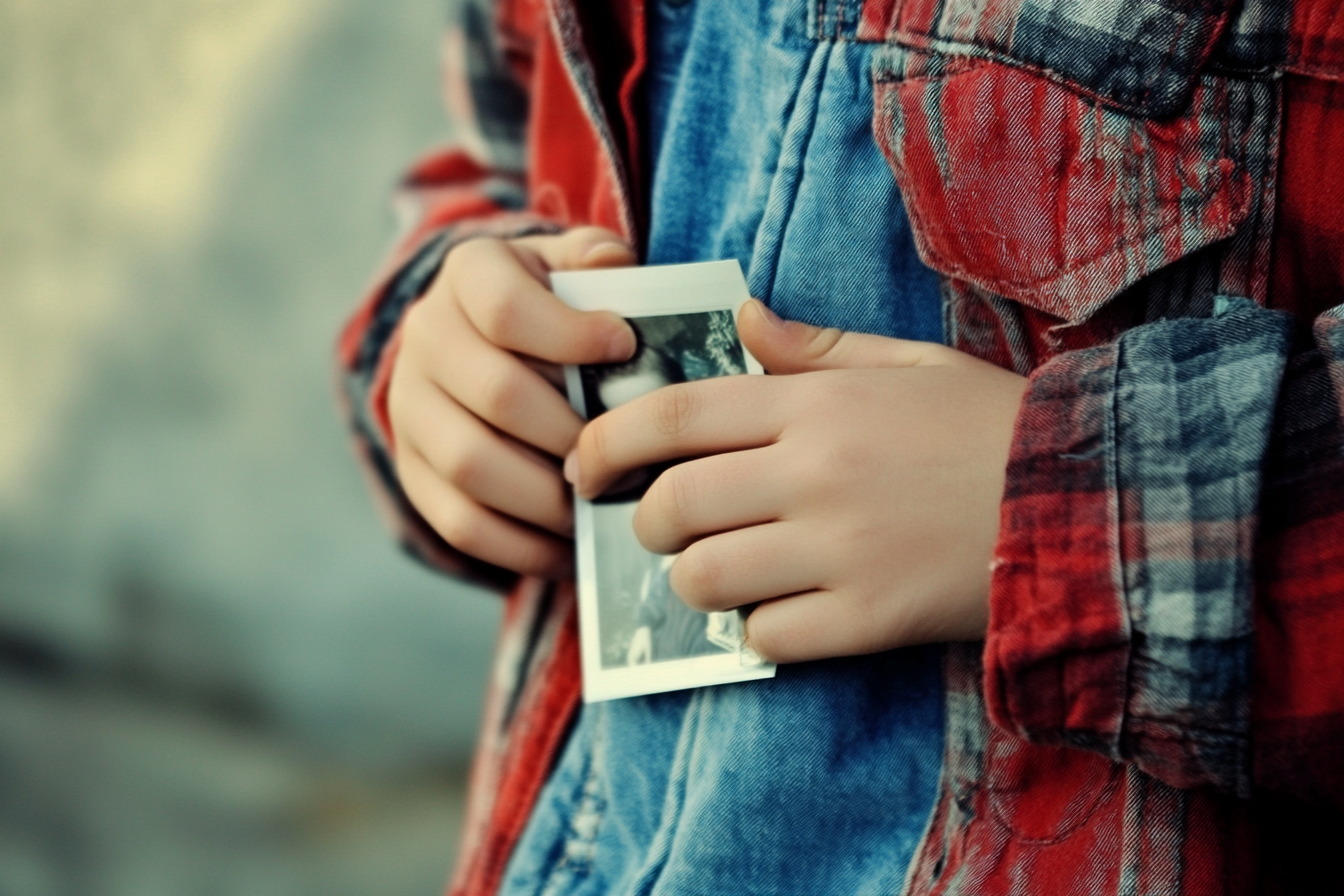 A boy clutching a photo close to his chest | Source: Midjourney