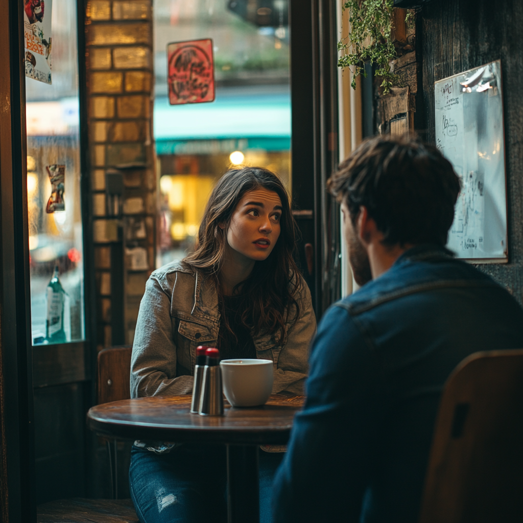 Uma mulher conversando com o namorado em um café | Fonte: Midjourney