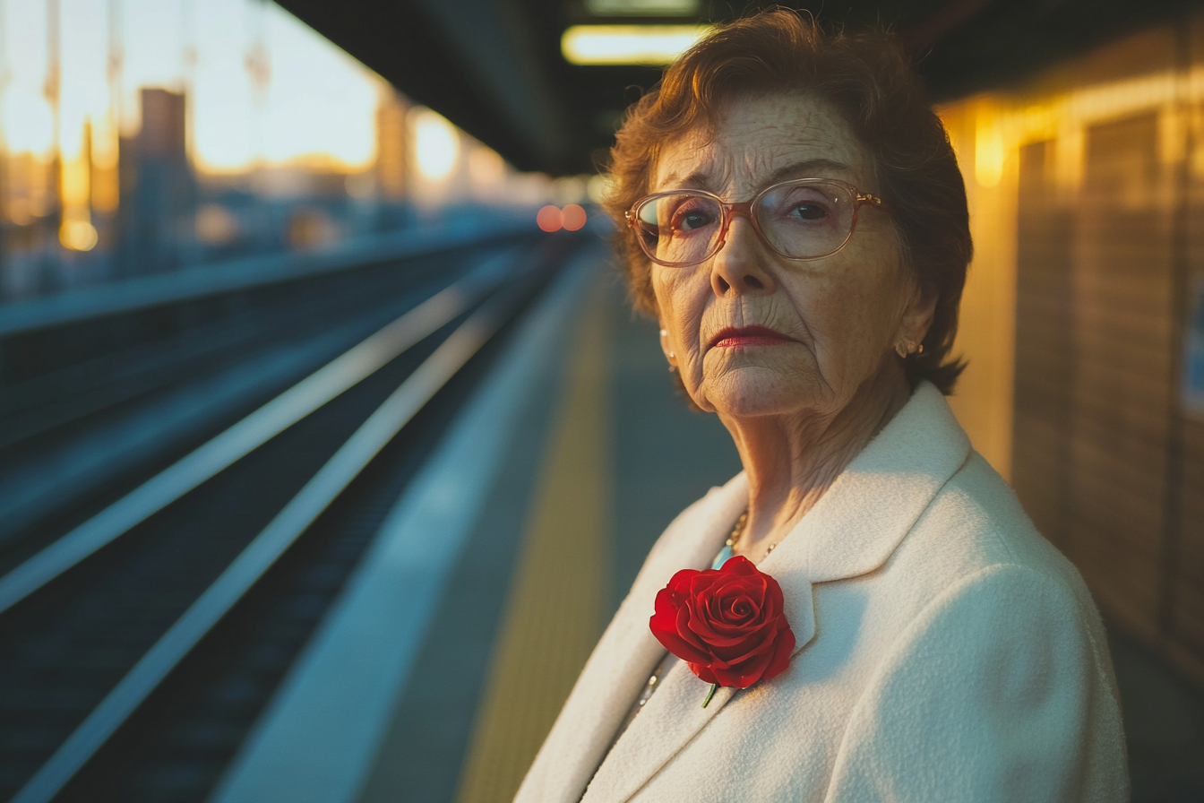 An older woman waiting in a train station wearing a white jacket with a red rose on the lapel | Source: Midjourney