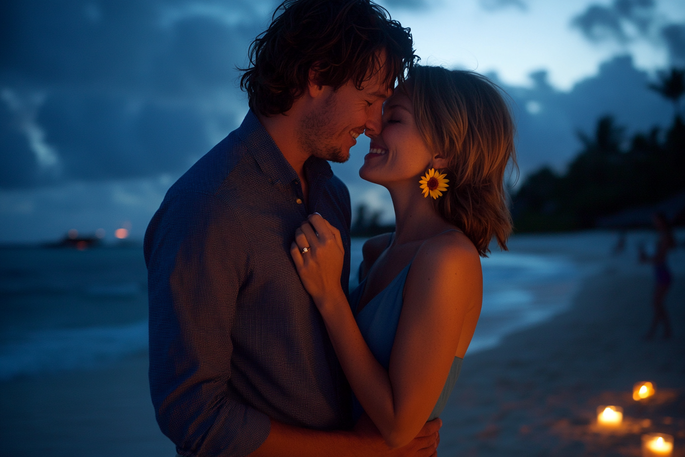 Couple smiling and hugging at the beach at night after just getting engaged | Source: Midjourney