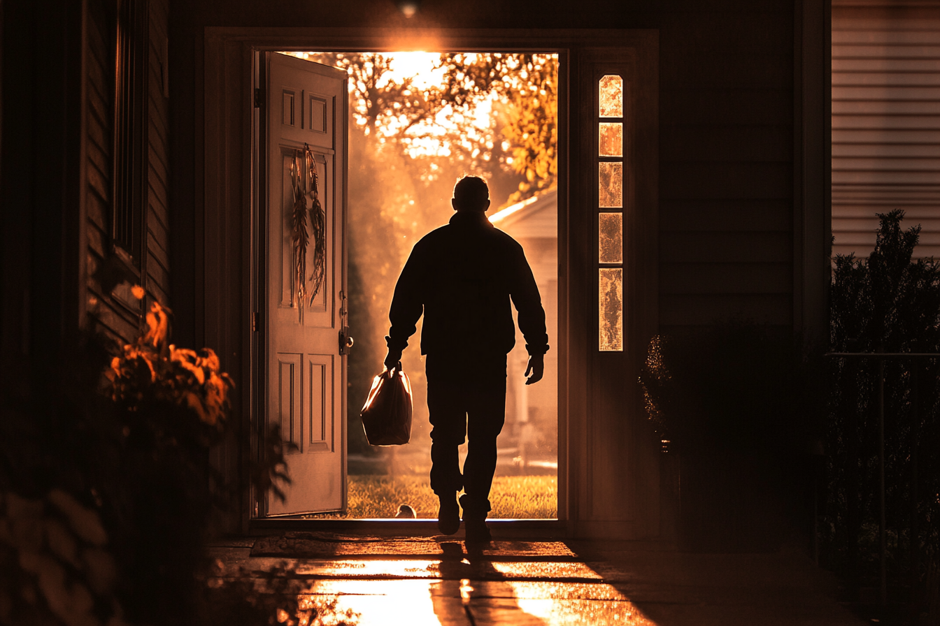 A man walking out through the front door of a house | Source: Midjourney