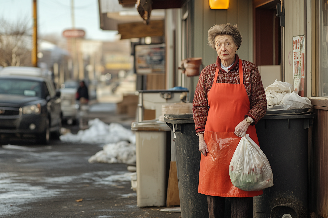 A woman holding a trash bag near a dumpster | Source: Midjourney