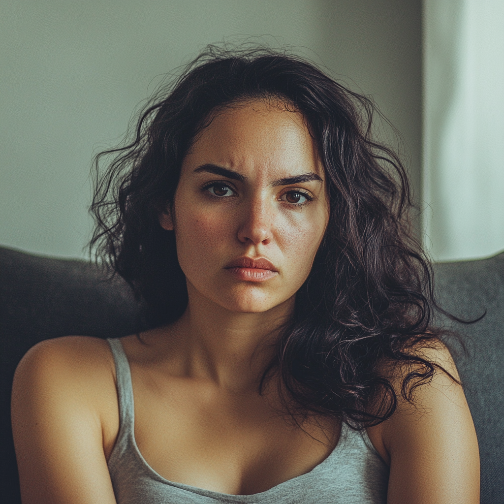 An angry woman sitting on the couch | Source: Midjourney