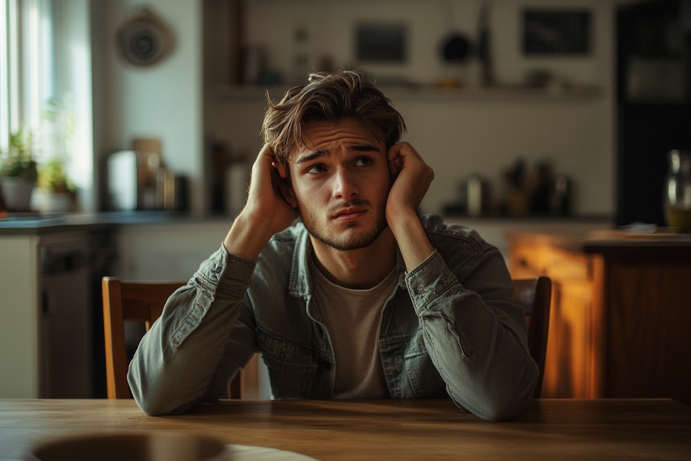 A distressed man sitting at a table | Source: Midjourney