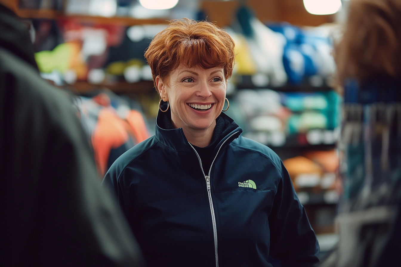 Femme d'une trentaine d'années travaillant dans un magasin d'articles de sport, vêtue de vêtements d'hiver | Source : Midjourney