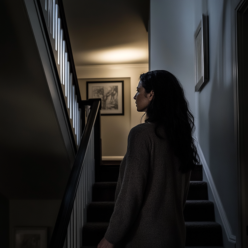 A cautious woman walking up the stairs | Source: Midjourney