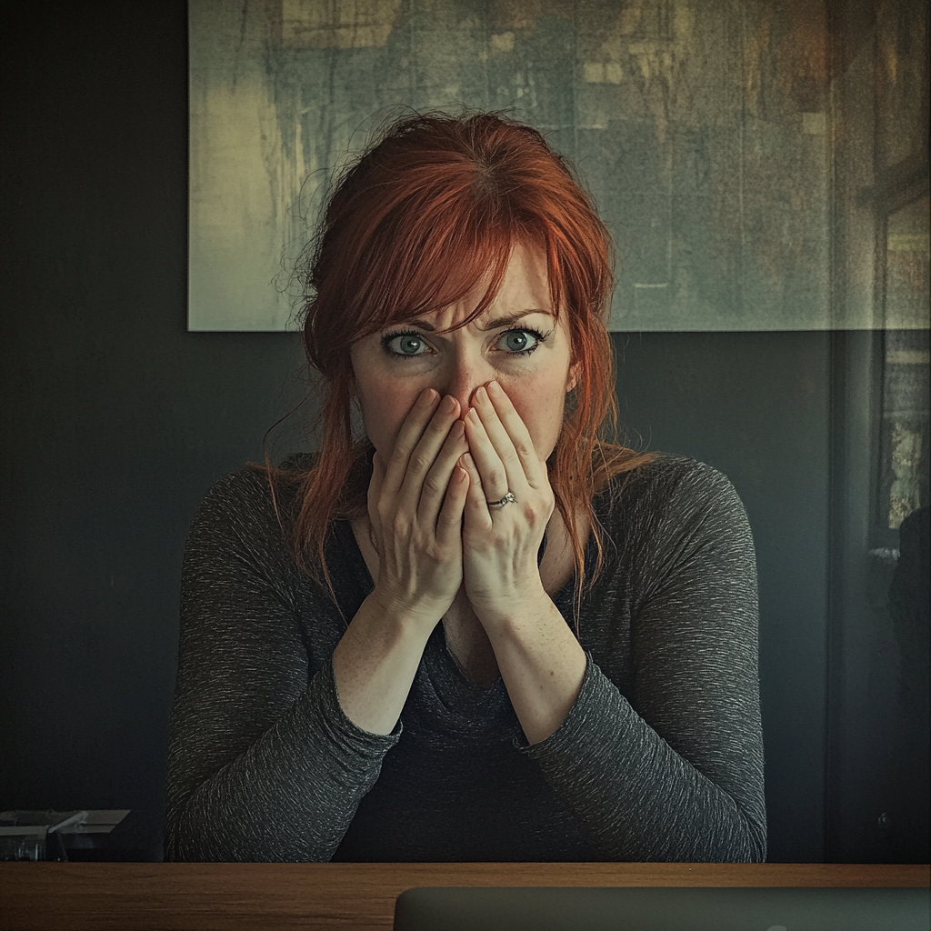 An upset woman sitting at a table | Source: Midjourney