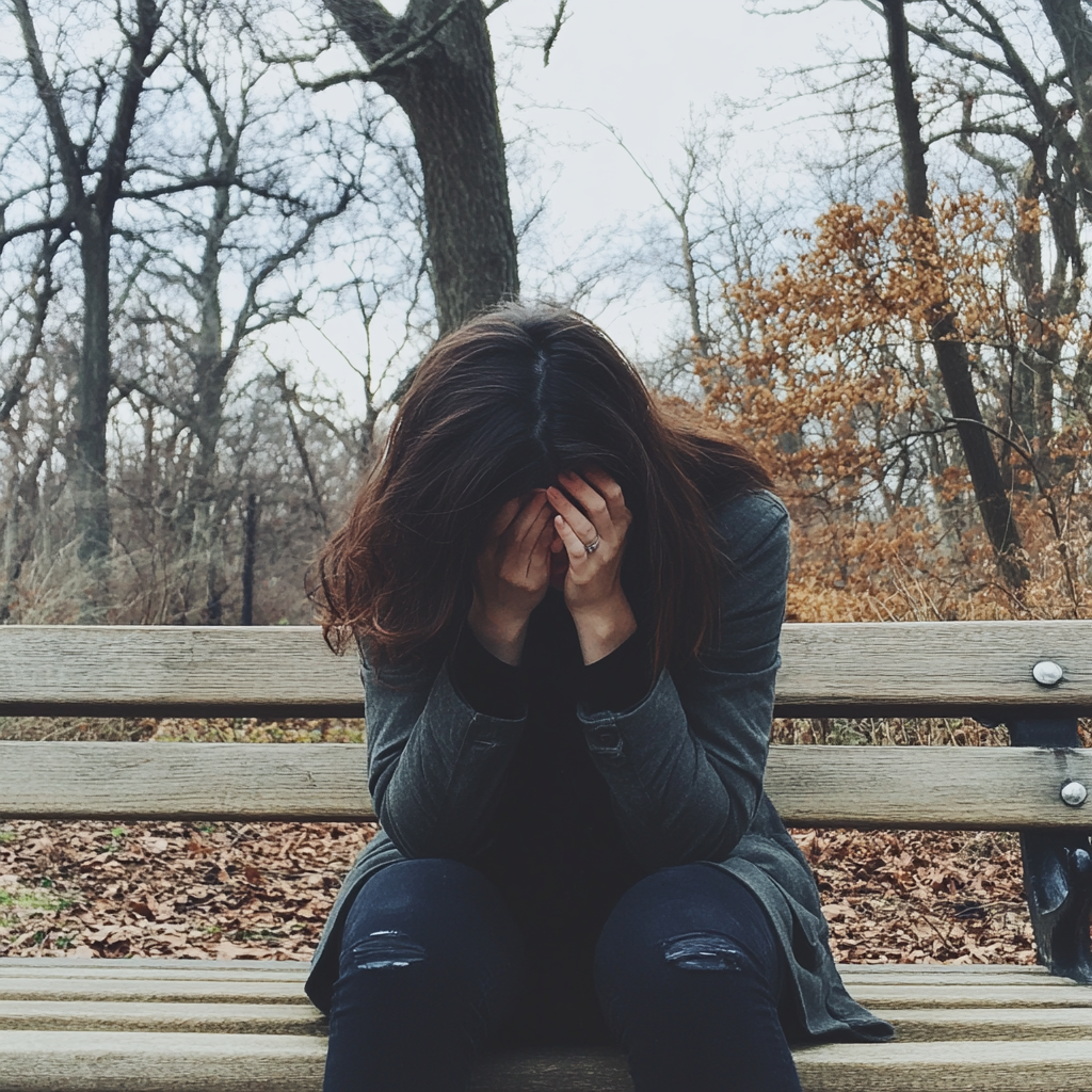 A woman sitting on a bench and crying | Source: Midjourney