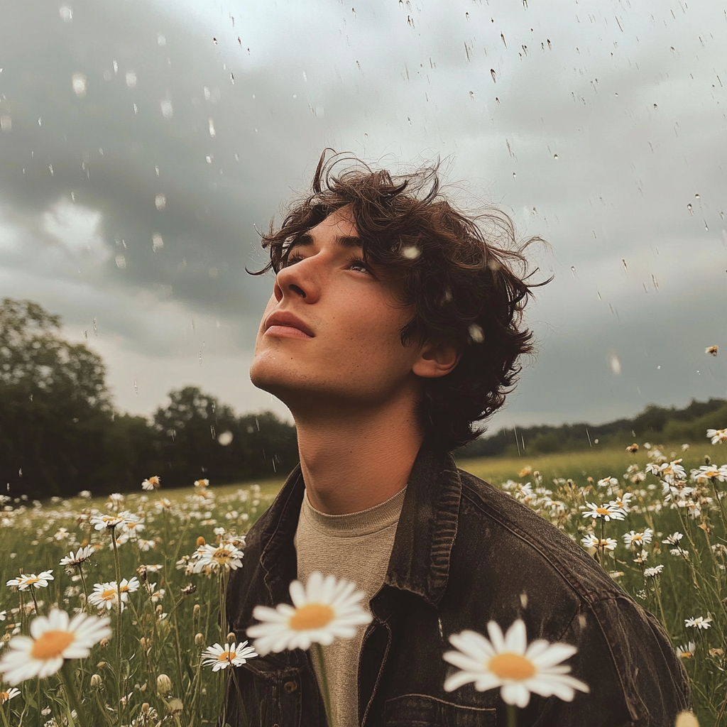 Un jeune homme debout sous la pluie | Source : Midjourney