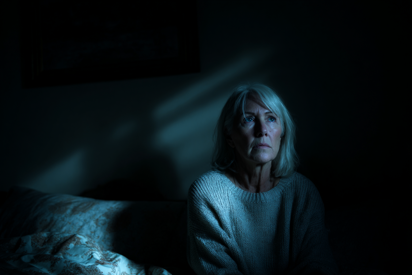 A woman sitting up in bed at night | Source: Midjourney