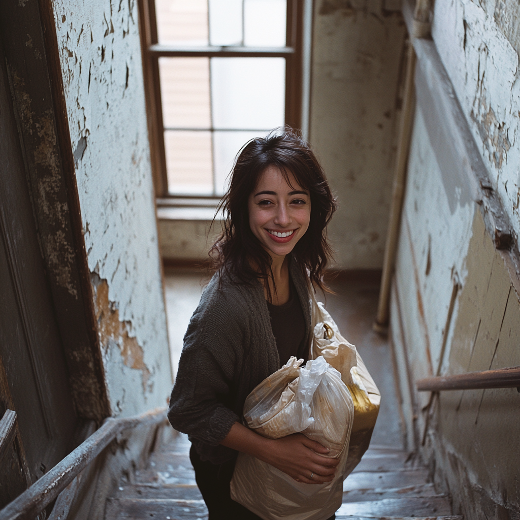 A happy woman walking upstairs | Source: Midjourney
