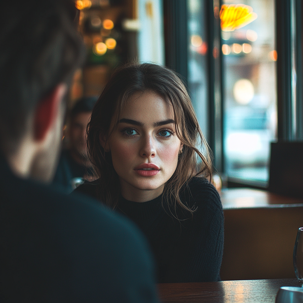 A serious woman talking to a man in a cafe | Source: Midjourney