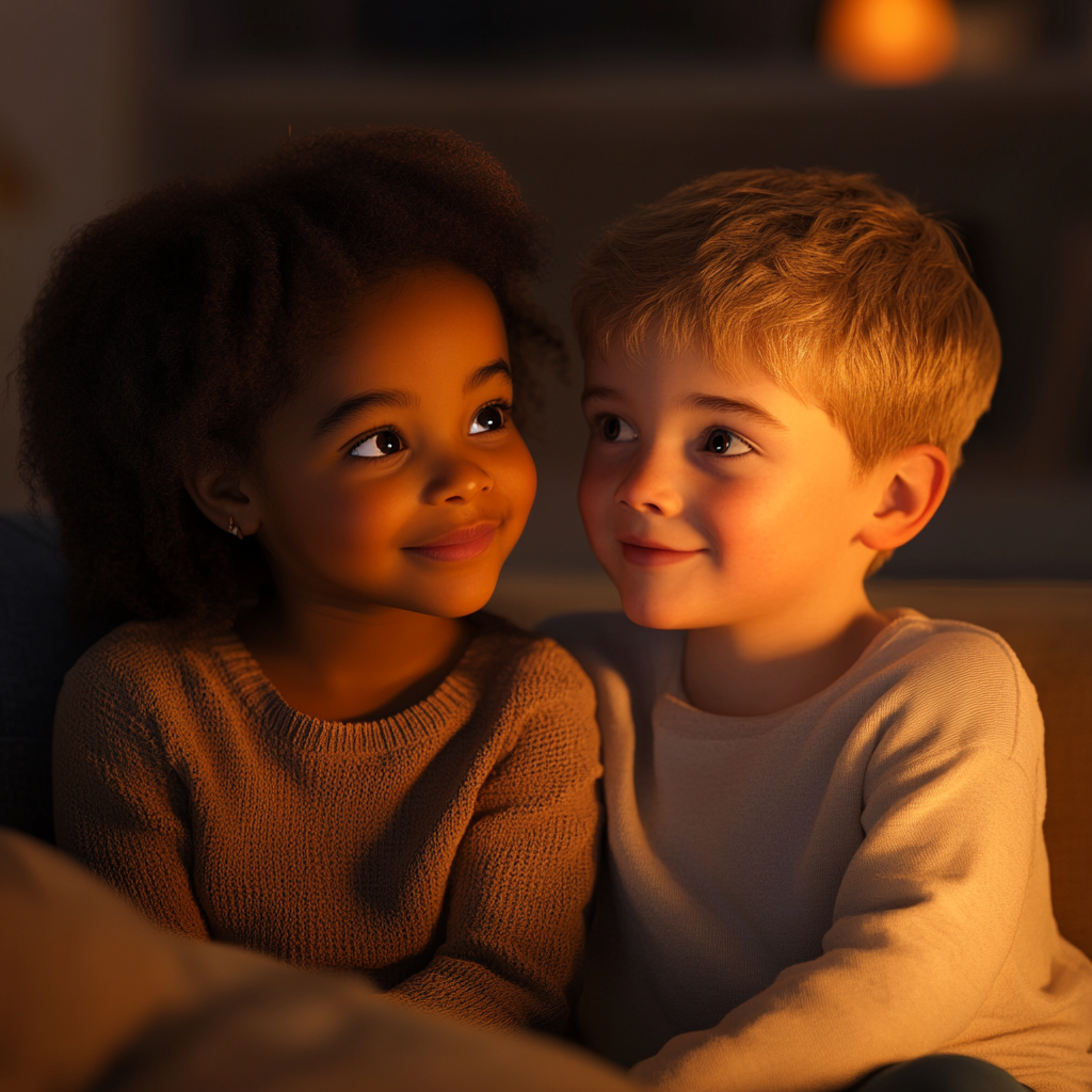 Cute little siblings sitting on the couch | Source: Midjourney