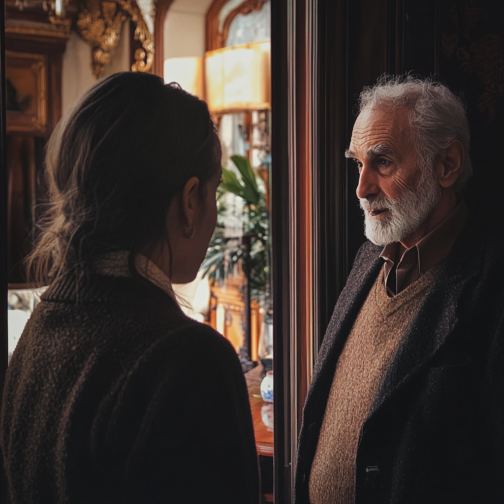 Senior man and a young woman having a conversation | Source: Midjourney