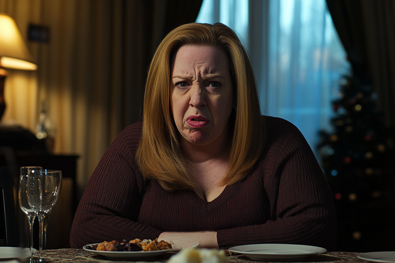 A scowling woman seated at a dinner table | Source: Midjourney