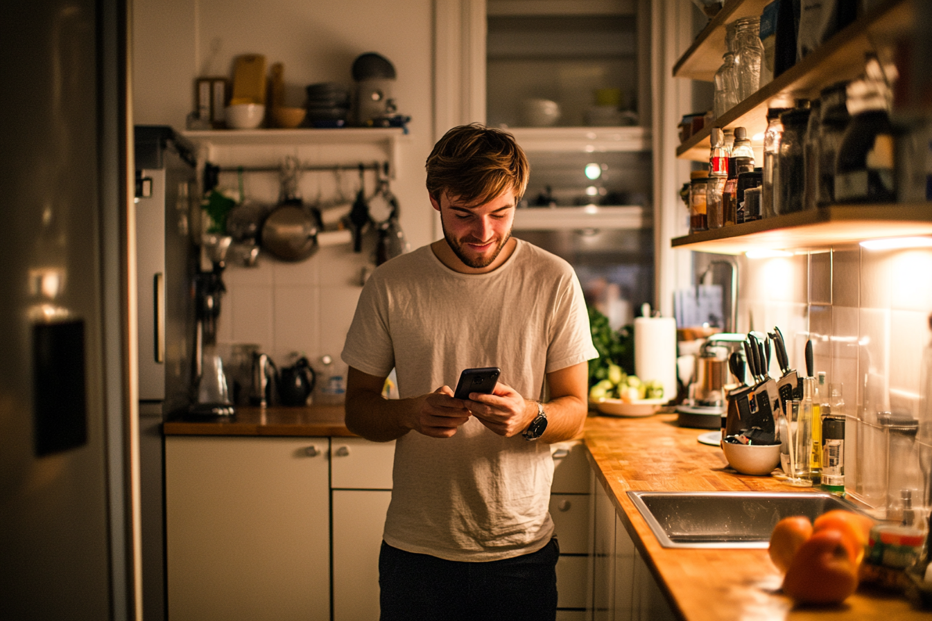 A man smiling while using his phone | Source: Midjourney