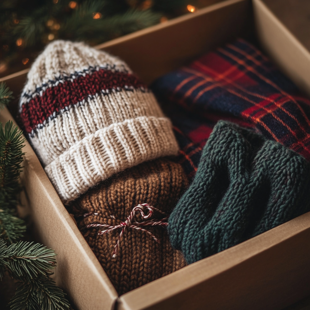 A gift box containing a knitted muffler, cap, and gloves | Source: Midjourney