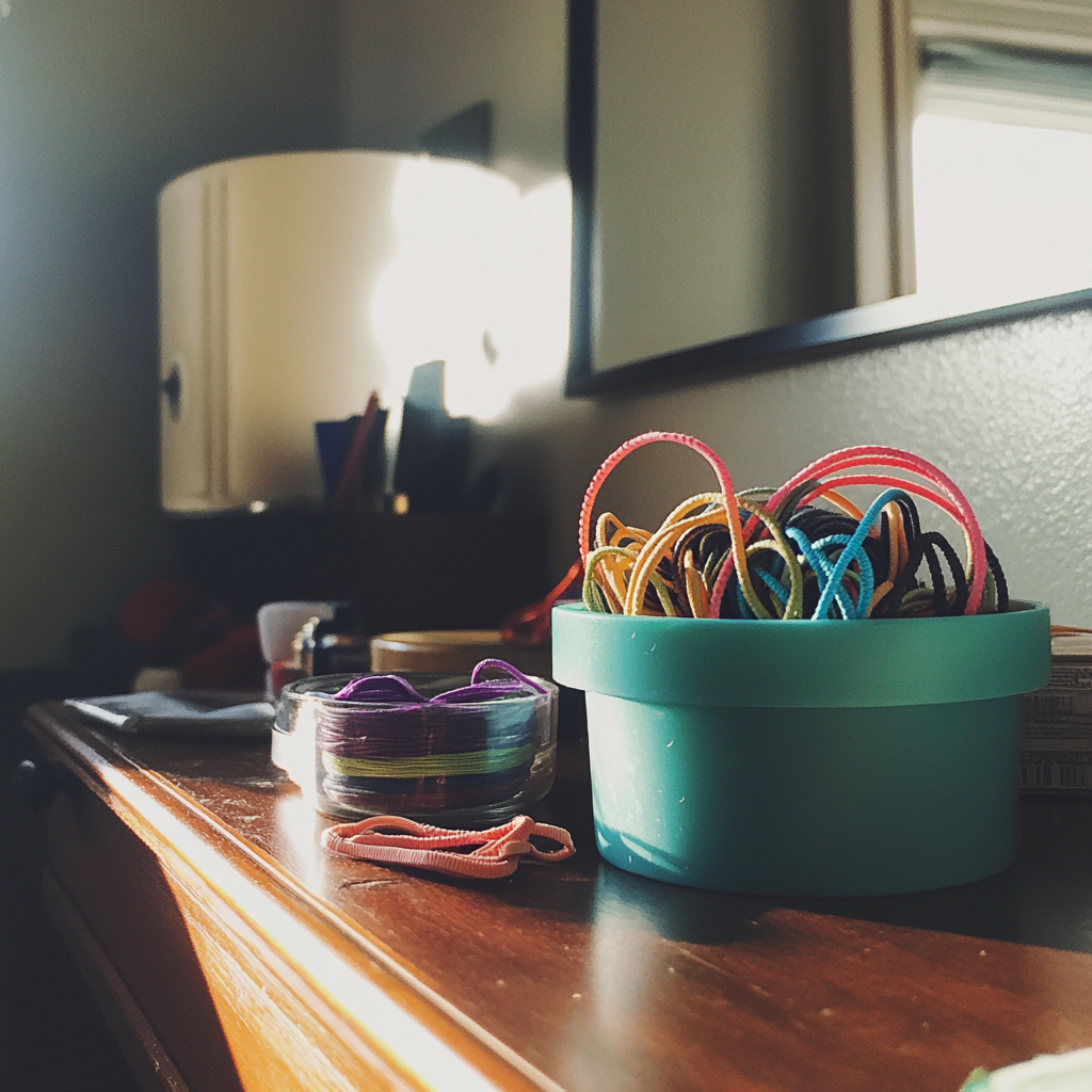 A container of colorful hair ties on a vanity | Source: Midjourney