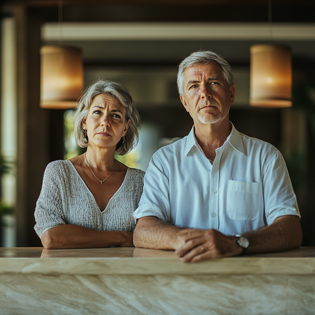 An entitled couple at a front desk | Source: Midjourney